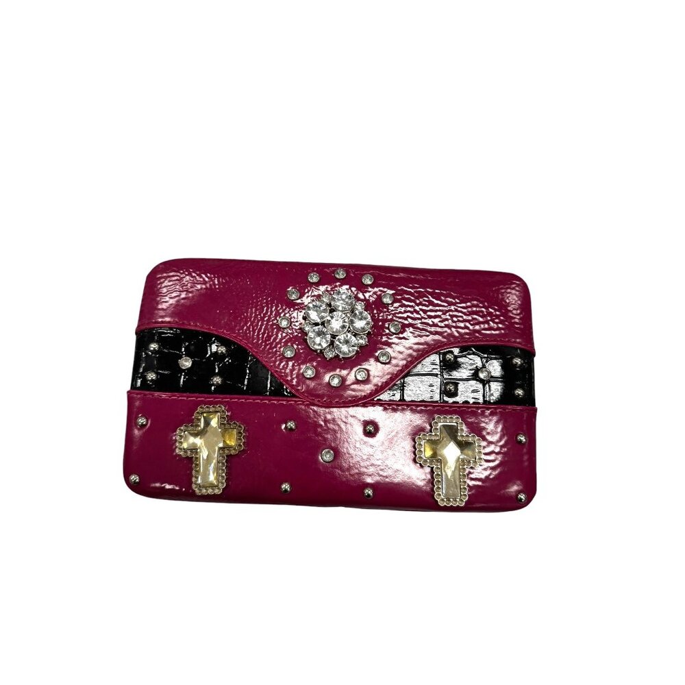 Western Bling Cross Wallet With Zebra Print Interior & Card Slots Fuchsia & Blac